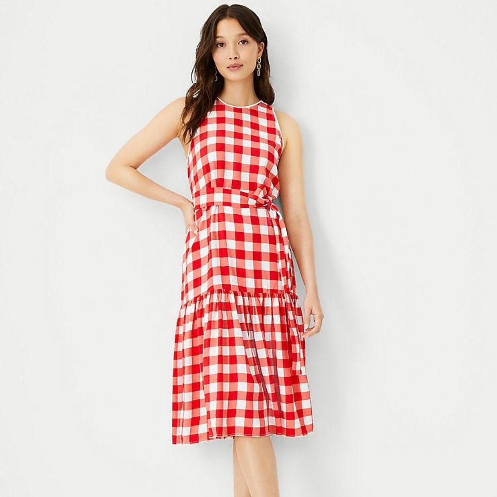 Ann Taylor Red and White Gingham Midi Dress